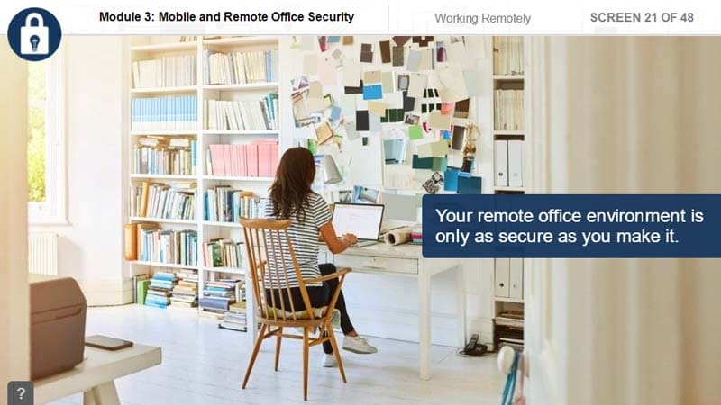 A woman working at home on her laptop representing remote office security