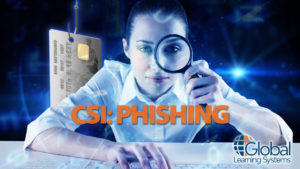 Businesswoman typing and looking through magnifying glass against blue background, Key visual for CSI Phishing Game